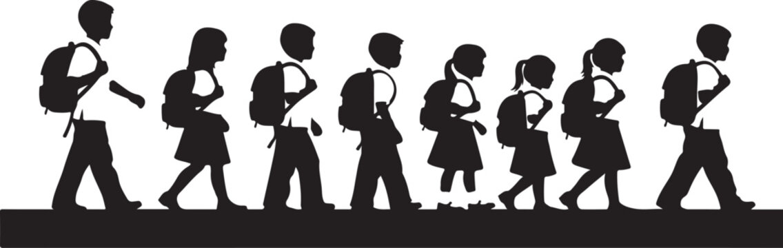 Silhouette of children walking to school in a line