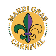 A colorful mardi gras emblem featuring text and a fleur de lis © MDMINTU