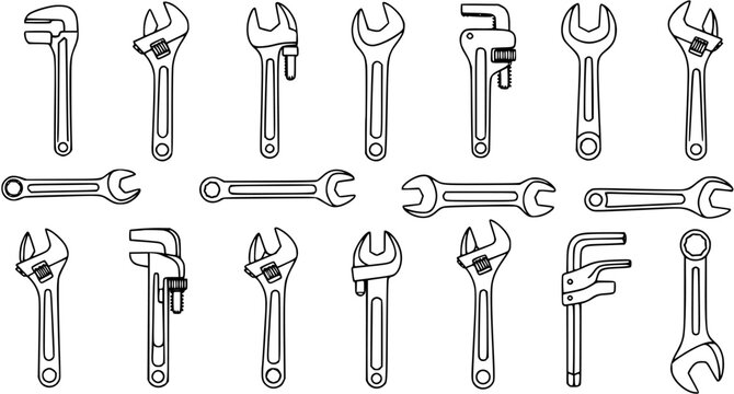 Black and White Line Art Illustration of Various Wrenches and Adjustable Wrenches, Construction Tools