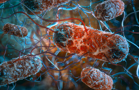 Salmonella enterica bacterium: peritrichous flagellated gram-negative bacilli colony in gastrointestinal microenvironment. Salmonellosis, gastroenteritis infectious disease and pathology research, 3D