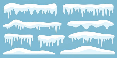 Obraz premium Set of white snow caps and icicles with realistic frozen hanging elements for winter season holiday graphic design vector illustration