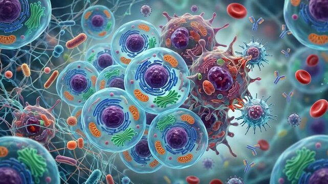 Detailed 3D illustration of human cells organelles bacteria and viruses floating in a microscopic fluid background