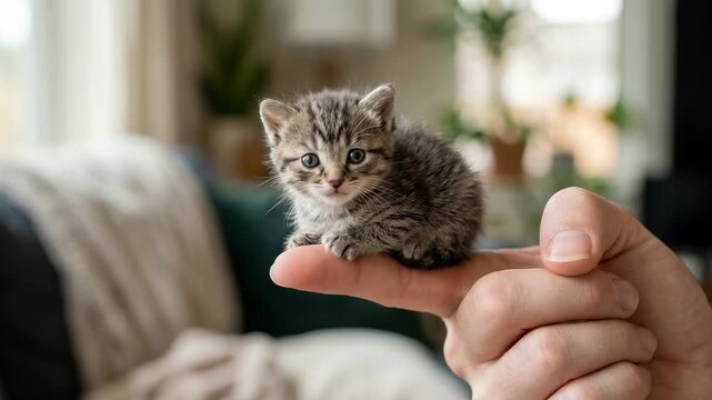 Small fluffy tabby kitten sitting on a human finger with a blurred living room background