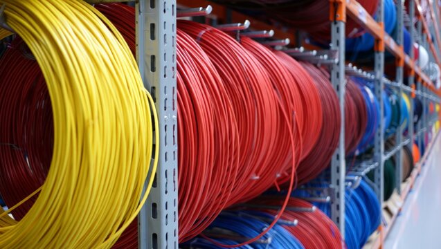 A vibrant display of numerous rolls of colorful electrical wires, neatly organized on shelves in what appears to be a hardware store, supply shop, or industrial warehouse, ready for purchase or use.