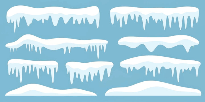 Set of white snow caps and icicles with realistic frozen hanging elements for winter season holiday graphic design vector illustration