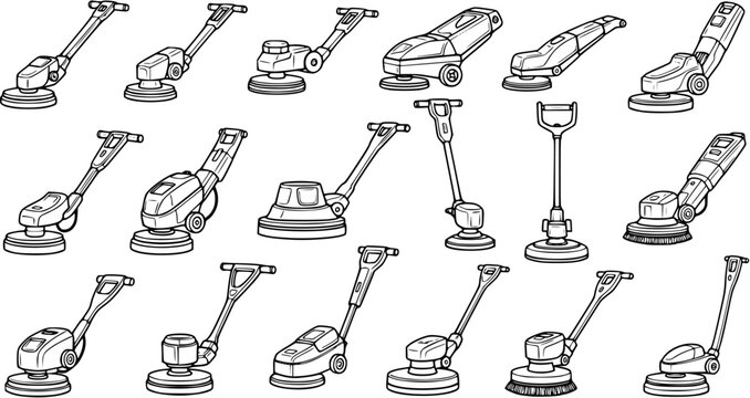 Black and White Line Art Collection of Various Floor Scrubbing Machines and Buffers