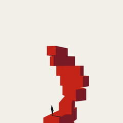 Obraz premium Minimal vector concept illustration of a businessman facing red stairs. Represents corporate career ambition, professional growth, and the challenge of climbing the business steps to success.