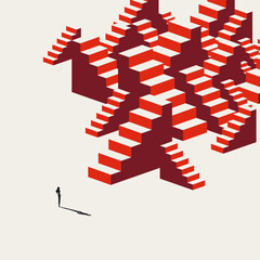 Fototapeta na wymiar Minimal vector concept illustration of a businesswoman facing multiple stairs. Represents corporate career opportunity, job choice, and professional path selection.