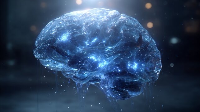 A glowing blue brain with neural connections is illuminated in a dark room with lights.