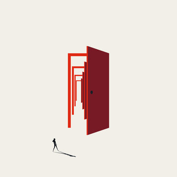 Minimal vector concept illustration of a woman walking to an open door. Represents new career opportunity, corporate choices and future business success.