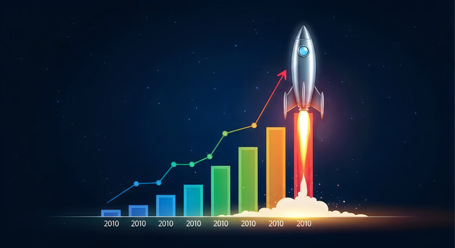 Rocket launching from colorful business graph, success and growth concept