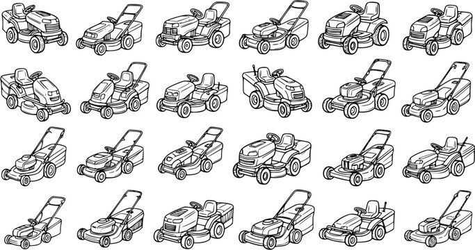 Black and White Line Art Collection of Lawn Mowers and Garden Tractors for Outdoor Equipment Industry