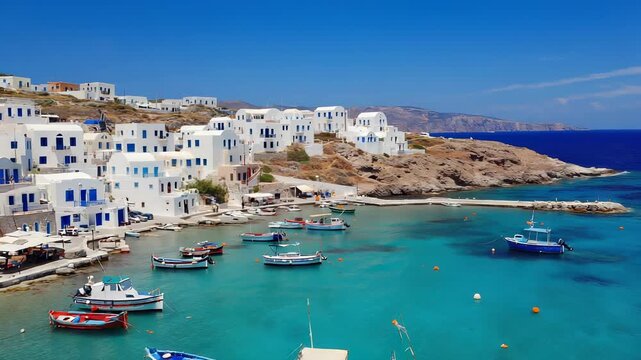 Traditional Greek Village of Oia on Santorini Island, Cyclades, Mediterranean Sea, Whitewashed Houses, Blue-Domed Church, Scenic Coastal Landscape.