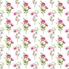Fototapeta premium Seamless pattern with flowers and leaves, repeating paper, background. Floral backdrop for textile, fabric, wallpaper. Hand drawn flowers and leaf.