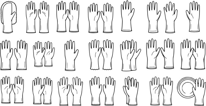 Black and White Line Art Vector Icon Set of Various Protective Gloves for Household Chores, Cleaning, Kitchen, and Work Safety
