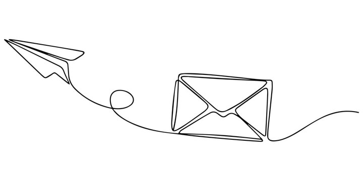 paper plane with mail continuous one line drawing, Continuous one line drawing of envelope mail with airplane paper, Continuous single line sketch drawing of envelope mail with flying paper plane