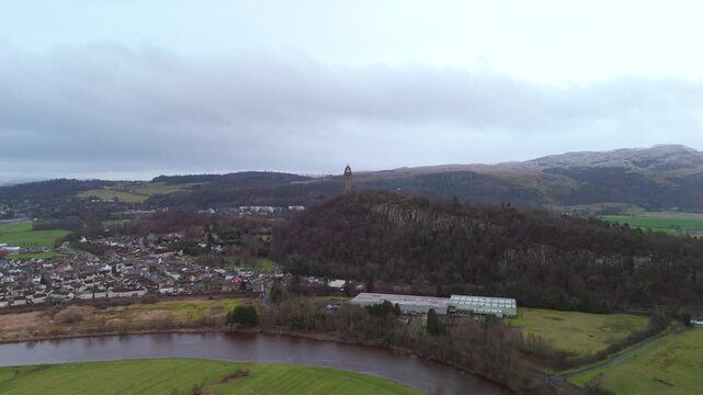 Stirling Scotland: 12th Feb 2026: Drone shot of Stirling Scotland with William Wallace Monument and mountains in the distance