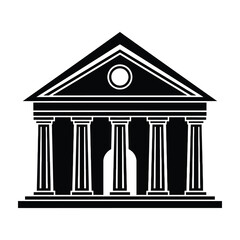 Fototapeta premium Elegant black and white silhouette of a grand classical temple showcasing seven dignified figures standing in reverence beneath towering columns and a grand triangular pediment adorned