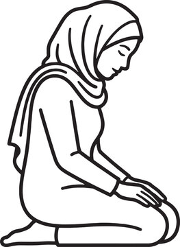 Clean monoline vector icon of Muslim woman in hijab praying, thin uniform stroke lines.
