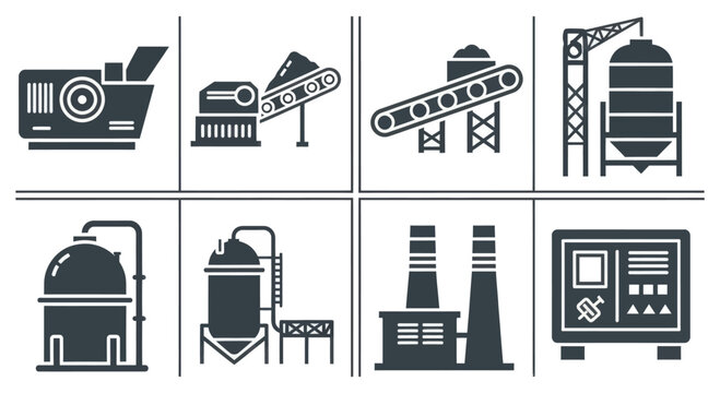 Industrial Equipment Icons in Monochrome Style.