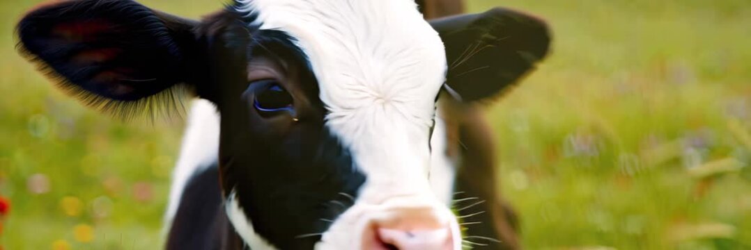 Cute calf standing on green meadow with copy space, farm animal banner video background for website header and landing page.