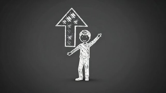 Chalk drawing of a boy pointing at a large upward arrow on a dark chalkboard representing growth and success