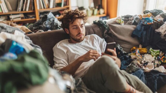 Messy room with young man sitting among clutter using phone capturing everyday chaos procrastination and modern lifestyle habits in casual home environment with