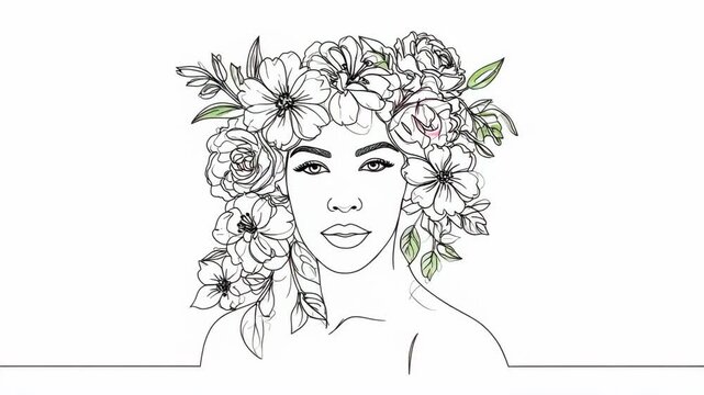 Minimalist line art illustration of a beautiful woman with an intricate floral crown on a white background