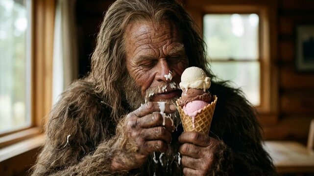 Bigfoot enjoying ice cream indoors capturing humorous contrast between wild creature and cozy home environment creating playful and unexpected lifestyle moment 