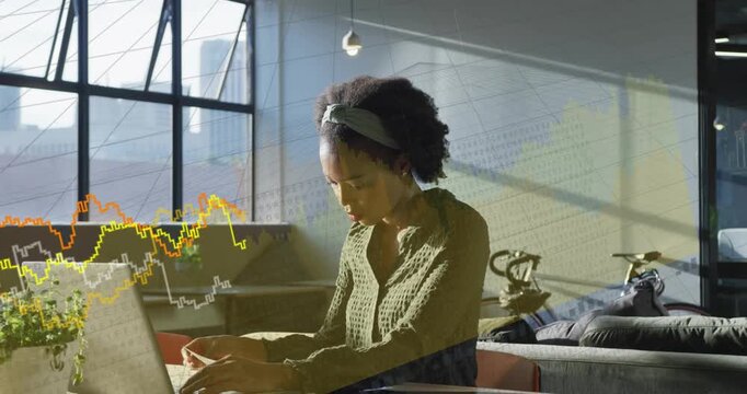 Woman typing on laptop, causing colorful graphs overlaying screen and analyzing business data