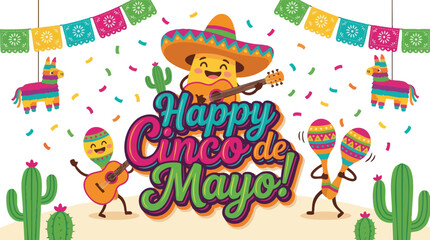 Fototapeta premium Happy Cinco de Mayo greeting with cute maracas and guitar
