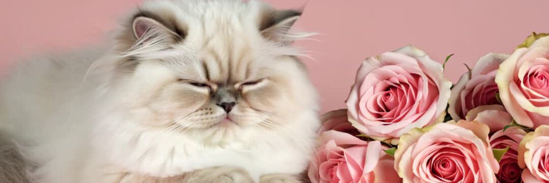 Cute fluffy cat with pink roses on pastel background with copy space, romantic valentine pet banner video for website header and landing page.