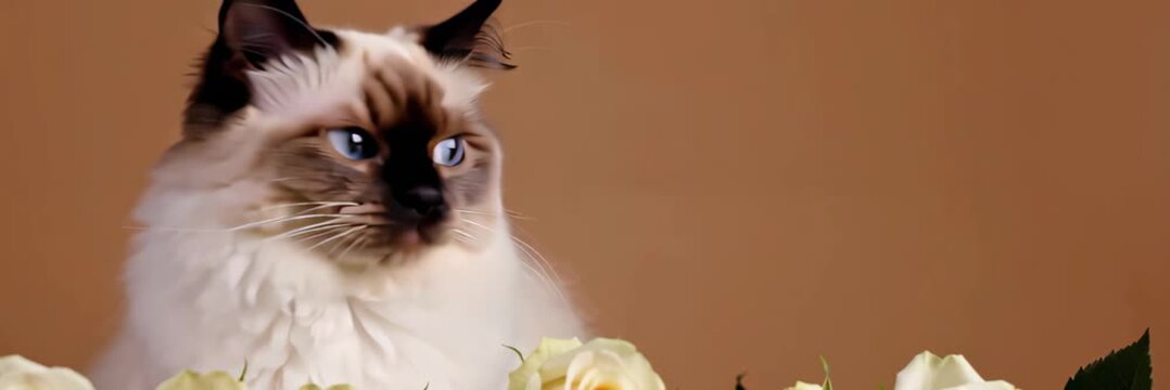 Fluffy cat looking aside near flowers on warm background with copy space, romantic pet banner video for website header and landing page.
