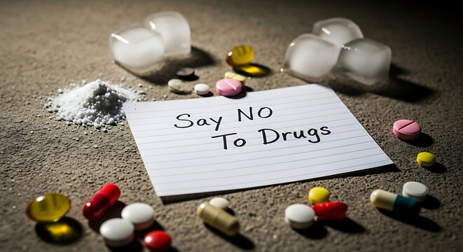 Handwritten note with message say no to drugs surrounded by various illegal narcotics including white cocaine powder, colorful pills, capsules, and crystal meth ice on a dark floor surface.