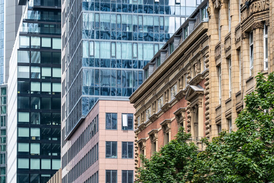 Downtown Frankfurt Germany cityscape with historic facade modern skyscrapers trees and mixed architecture showing evolving urban streetscape