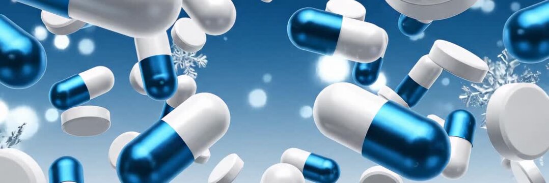 Blue and white capsules floating on medical background with snowflakes and copy space, pharmaceutical banner video for website header and landing page.