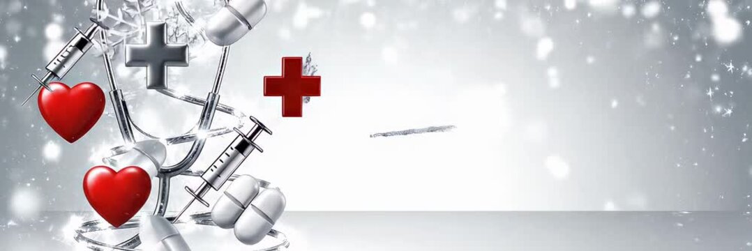 Medical pills syringe and heart symbols on white background with snowflakes and copy space, healthcare banner video for website header and landing page.