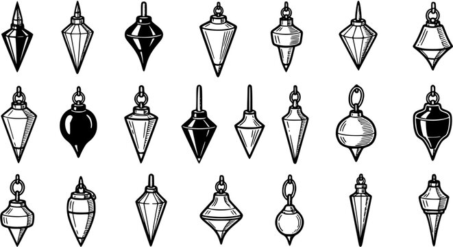 Set of Construction and Measurement Plumb Bobs in Hand-drawn Black and White Line Art Style