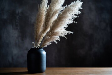 Obraz premium A dried pampas grass arrangement in a dark vase on a wooden table.
