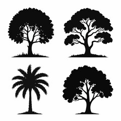 Fototapeta premium Black tree silhouettes collection with oak, maple, and palm tree isolated on white background