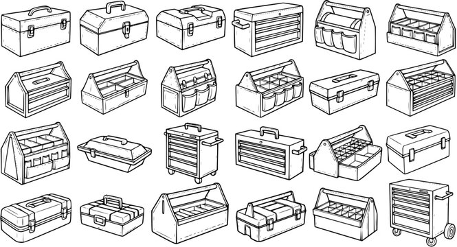 Toolbox and Tool Chest Vector Set for Construction, DIY, and Repair - Black and White Line Art Illustrations of Storage Boxes