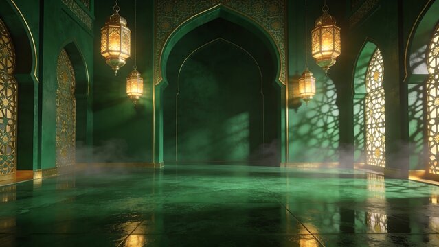 Expansive green Islamic archways with golden details, lanterns, and dramatic lighting