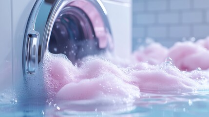 Fototapeta premium Interior with washing machine and soap bubbles,Vector realistic automatic washing machine with a front loading with blue soup bubbles,Realistic vector illustration,Home appliance concept.