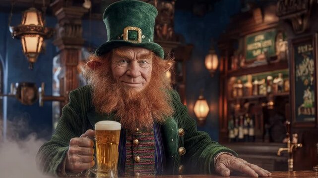 Bearded leprechaun in green hat holding beer in cozy Irish pub with warm lighting capturing festive mood folklore character and traditional tavern atmosphere