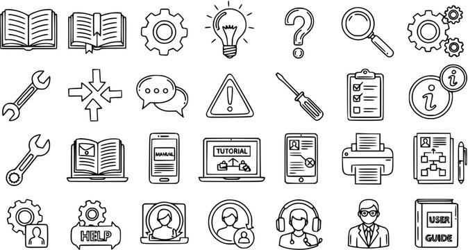 Black and White Line Art Icon Set for Technical Support, Customer Service, Help, Information, and User Guide Documentation.
