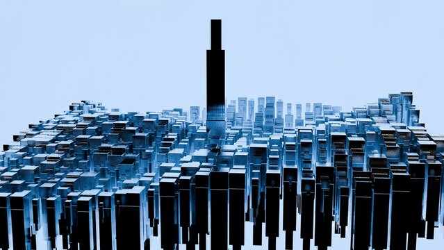 Futuristic Abstract 3D Cityscape with Metallic Blue Blocks and Tall Skyscraper on Light Blue Background