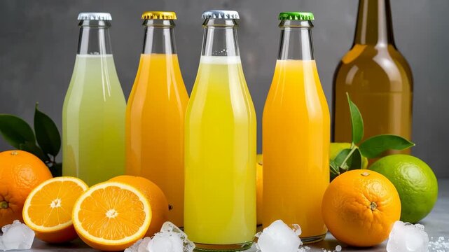Row of assorted fruit juices in glass bottles surrounded by fresh oranges limes and ice cubes on a grey surface