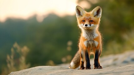 Fototapeta premium Adorable Wild Red Fox Cub Posing on a Rock, Showcasing Its Sharp Baby Canines in The Meadow