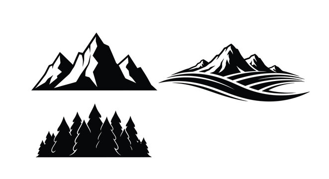 Mountain range and forest designs presented as bold silhouettes