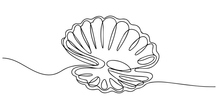seashell continuous one line drawing, A single continuous strand of pearl inside an oyster. one line drawn. linear concept. Editable stroke, Open pearl shell continuous one line drawing. Single line